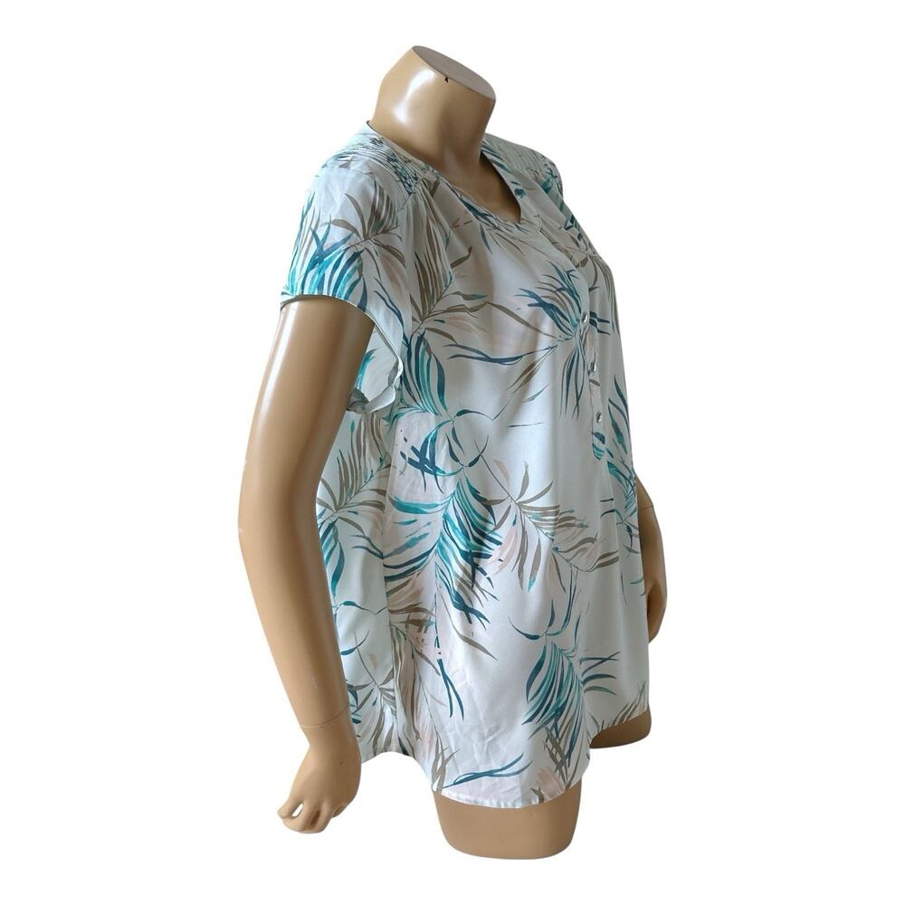 Croft & Barrow Blouse Womens XL Tropical Blue Palm Leaf Split Neck Popover Top - Picture 3 of 8